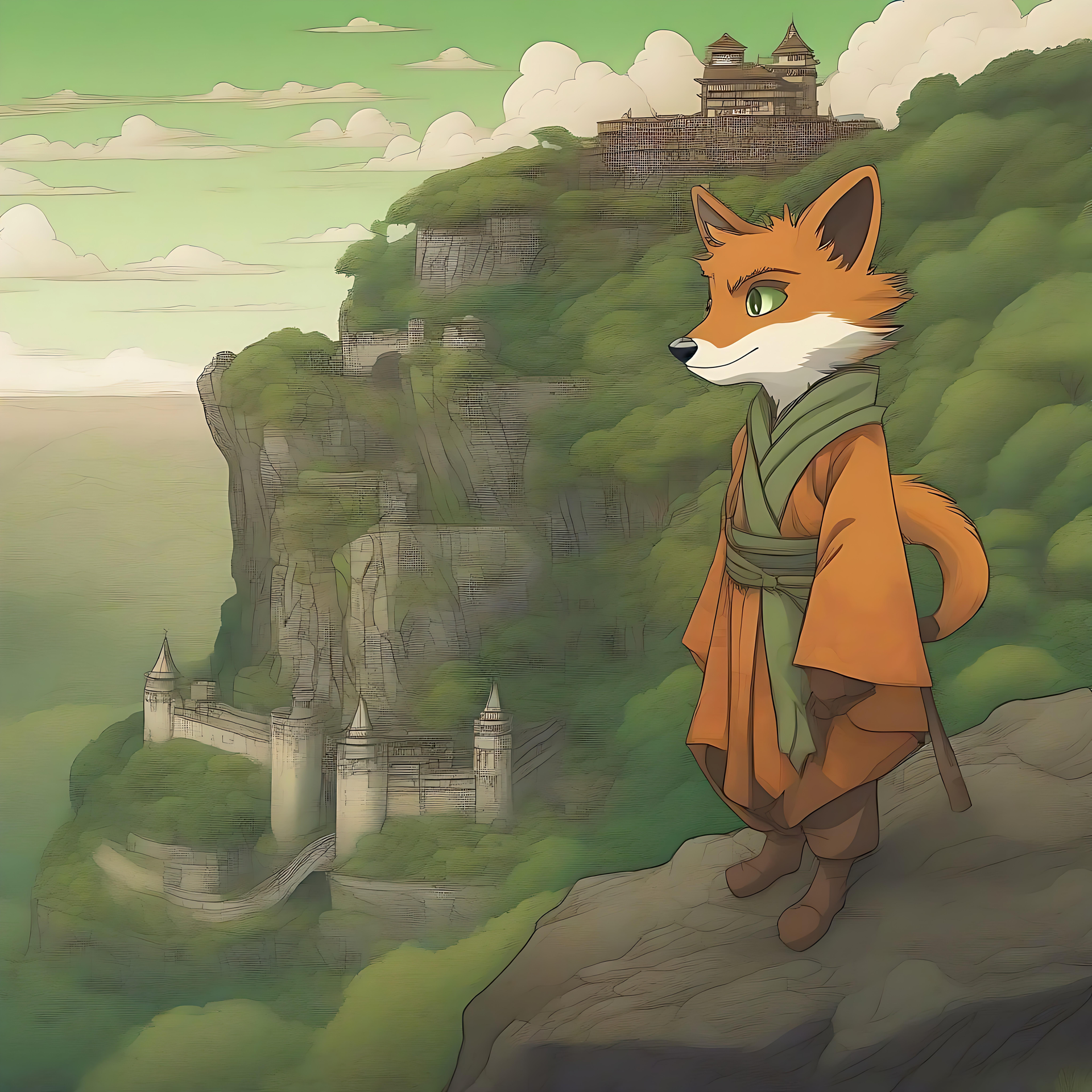 Majesteettinen animekettu mystisen kuningaskunnan yllä Antropomorfinen animekettu, joka katselee reheviä vihreitä kallioita ja linnaa.