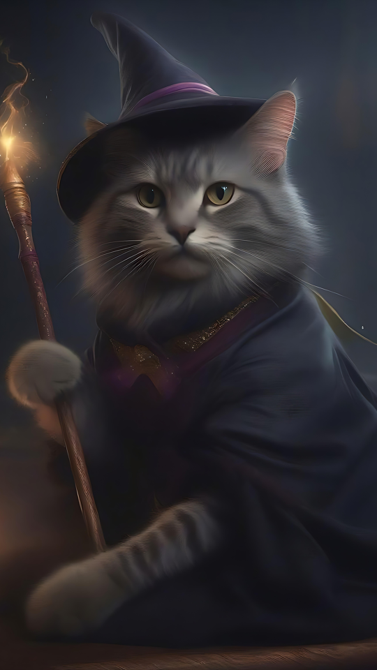 Gato brujo místico con varita - La magia de Halloween te espera Un gato majestuoso disfrazado de bruja, sosteniendo una varita brillante, rodeado por una escena mágica de Halloween suavemente iluminada.