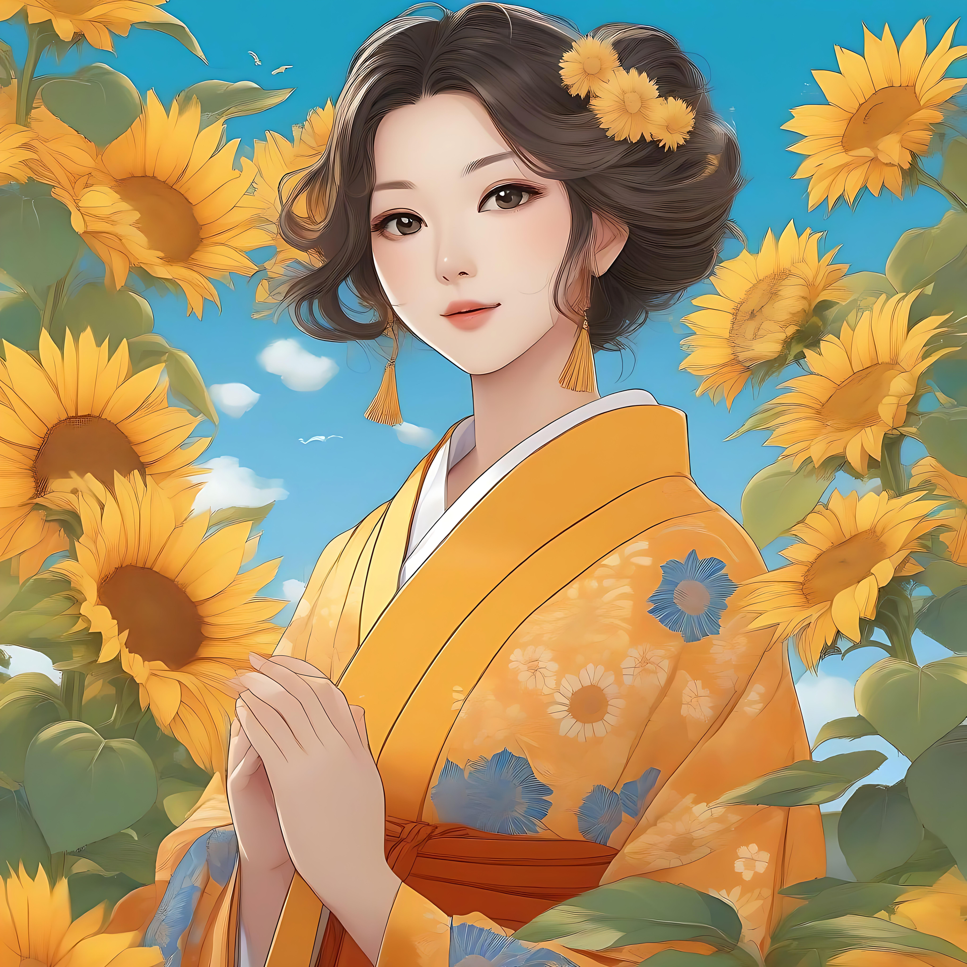 Élégant Personnage d'Anime en Kimono Floral avec Tournesols Œuvre d'art anime d'une femme en kimono floral entourée de tournesols.