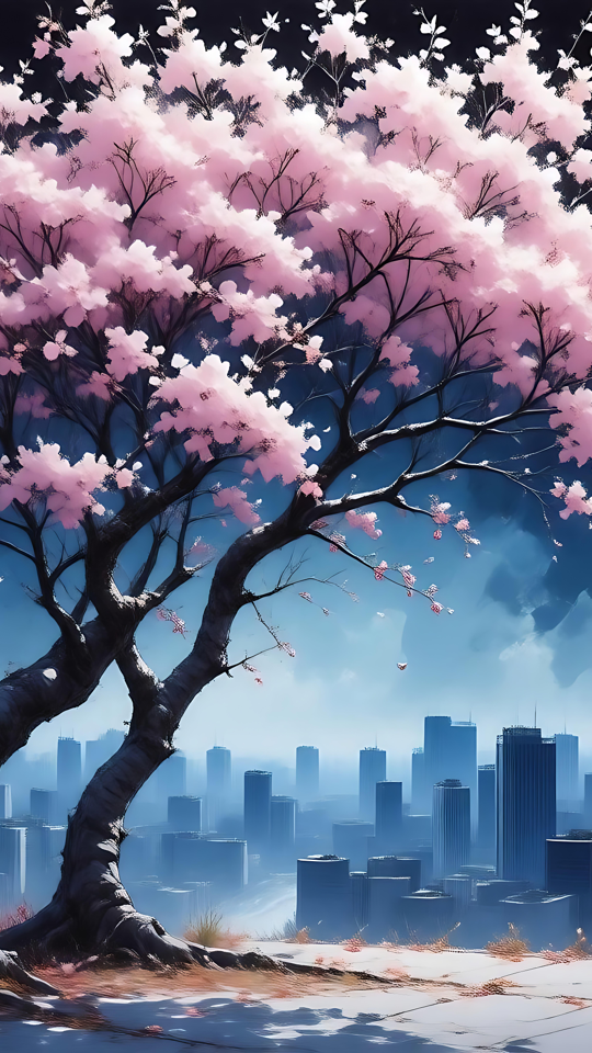 Fredfyldt Sakuratræ med Udsigt over et Bylandskab Anime-kunstværk af et sakuratræ med lyserøde blomster sat mod en bylandskab.