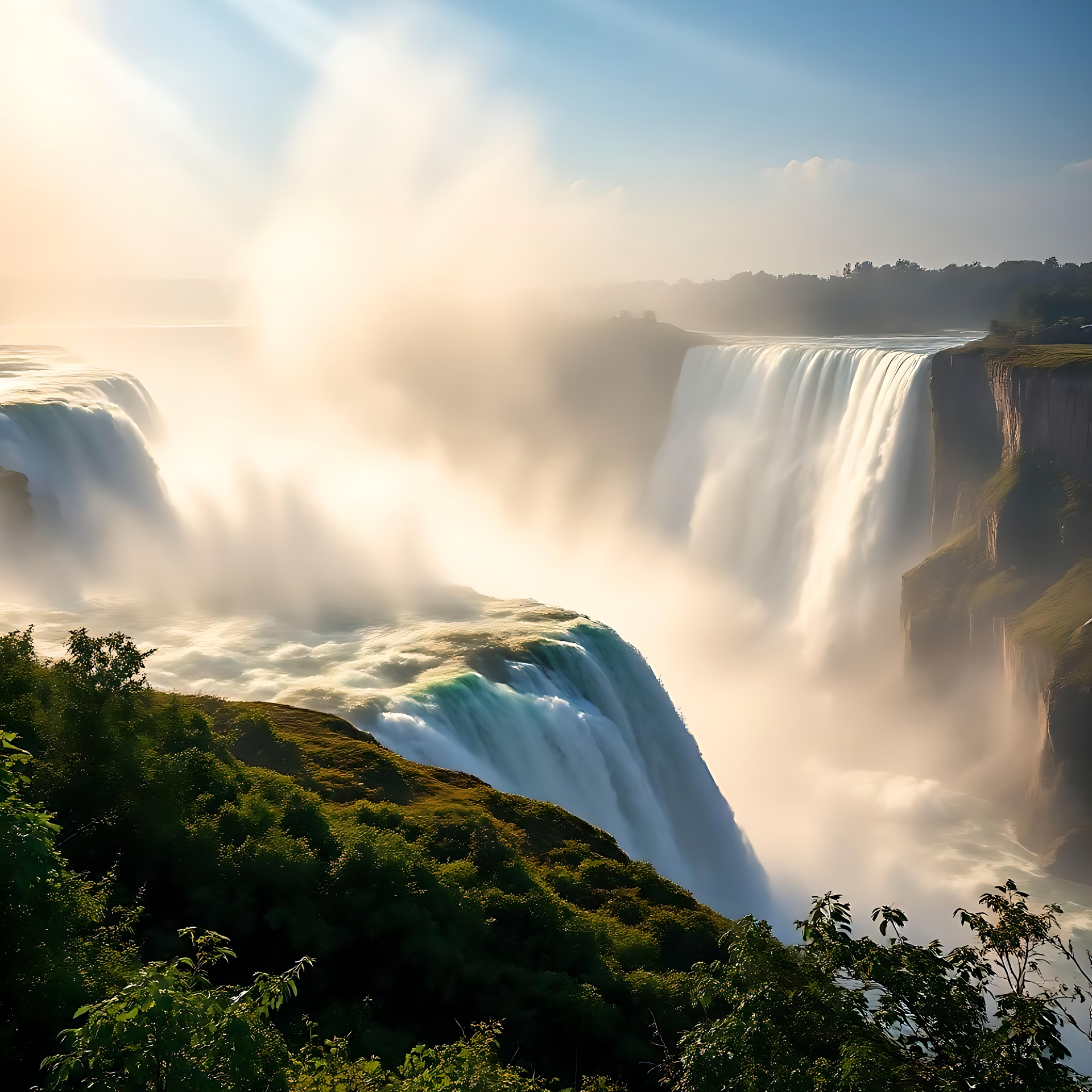 Vista Deslumbrante das Cataratas do Niágara em 8K Papel de parede com resolução 8K das Cataratas do Niágara com vegetação exuberante e água em cascata sob a luz do sol.
