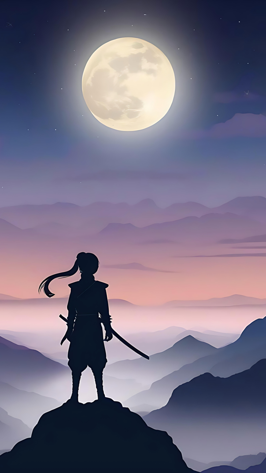 Ensom Kriger i Månelys Silhuet af en anime-kriger, der står på en bjergtop under en glødende fuldmåne.