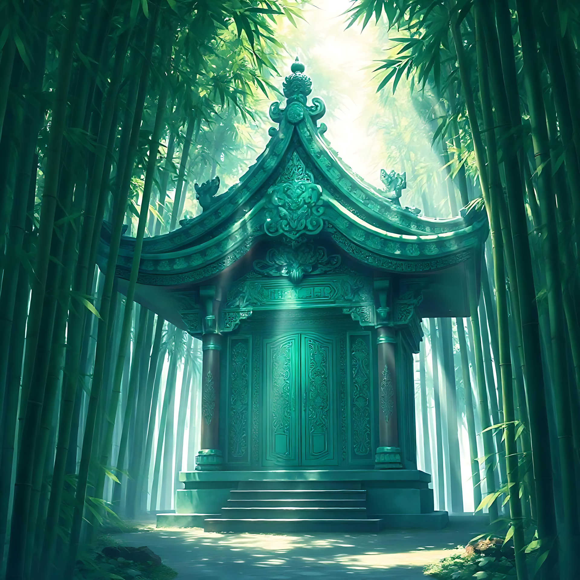 Templo de Bambu Pacífico Escondido na Serenidade Cena tranquila de floresta de bambu inspirada em anime com templo