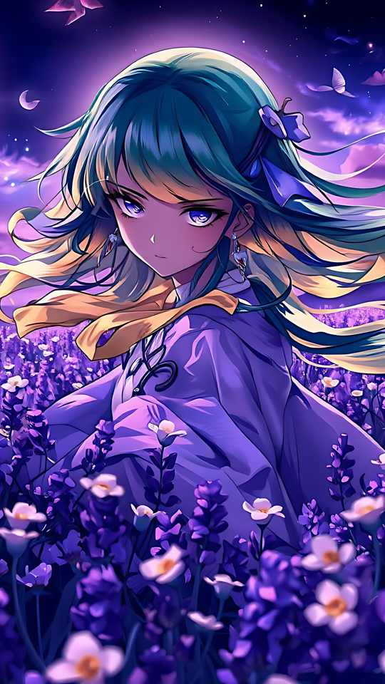 Nuit Anime Enchanteresse : Bonheur Lavande Sous la Lune Œuvre d'art anime d'un champ de lavande la nuit sous une pleine lune, avec une silhouette au centre entourée de tons lumineux.
