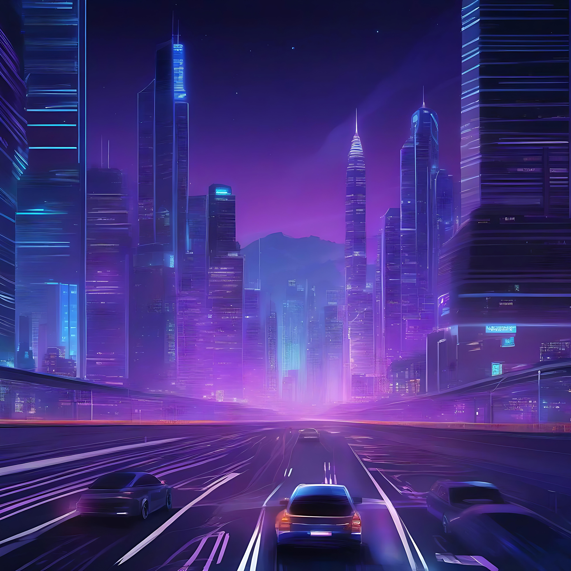 Syöksy neon-animeen Kyberpunk-kaupunkimaisemaan Futuristinen anime-inspiroiva cyberpunk-kaupunkimaisema neonpurppura- ja sinisissä sävyissä.