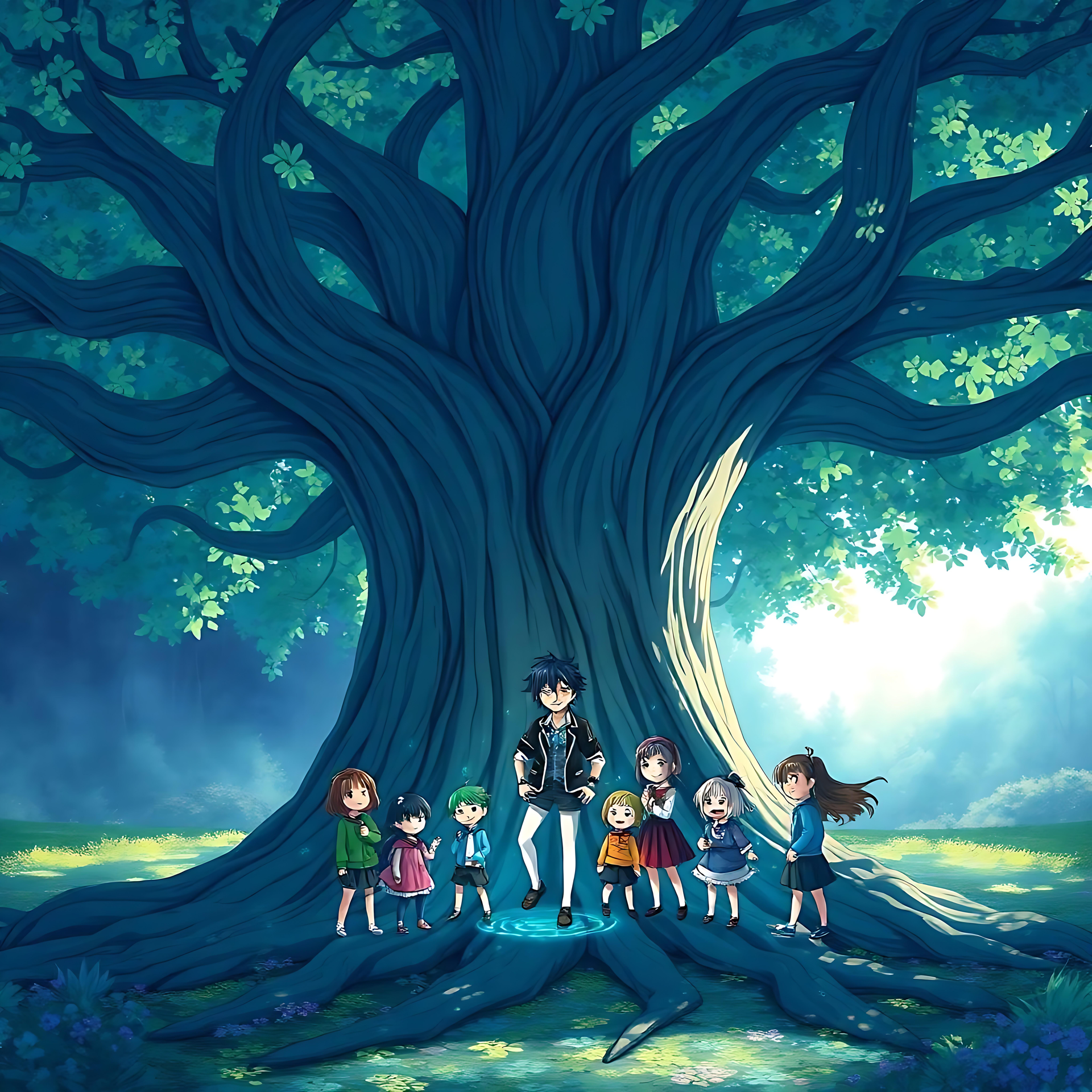 L'albero dell'anime mistico con la luce dell'amicizia La carta da parati di anime degli amici in piedi sotto un gigantesco albero mistico con la luce dorata che filtra attraverso i suoi rami.