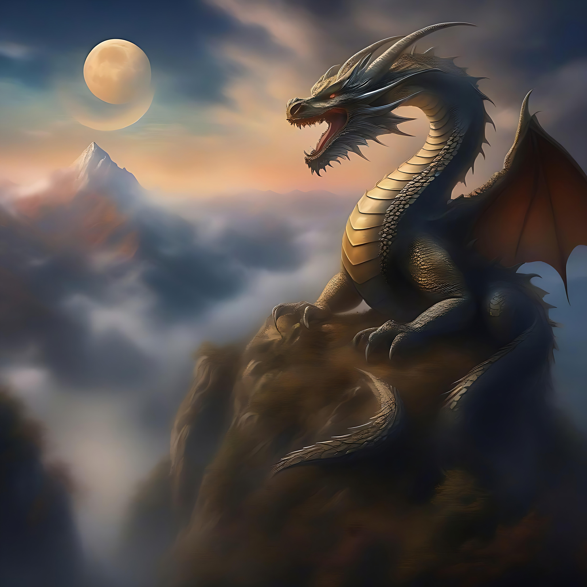 Mystischer Drache über mondbeschienenen Gipfeln Ein majestätischer Drache thront auf einem Berg unter dem mondbeschienenen Himmel, umgeben von nebligen Wolken.