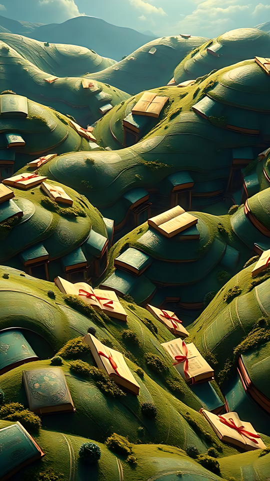 Collines Enchantées de Tomes Flottants Une image d'art 3D surréaliste de collines vertes ondulantes parsemées de livres ouverts sous un ciel vibrant.