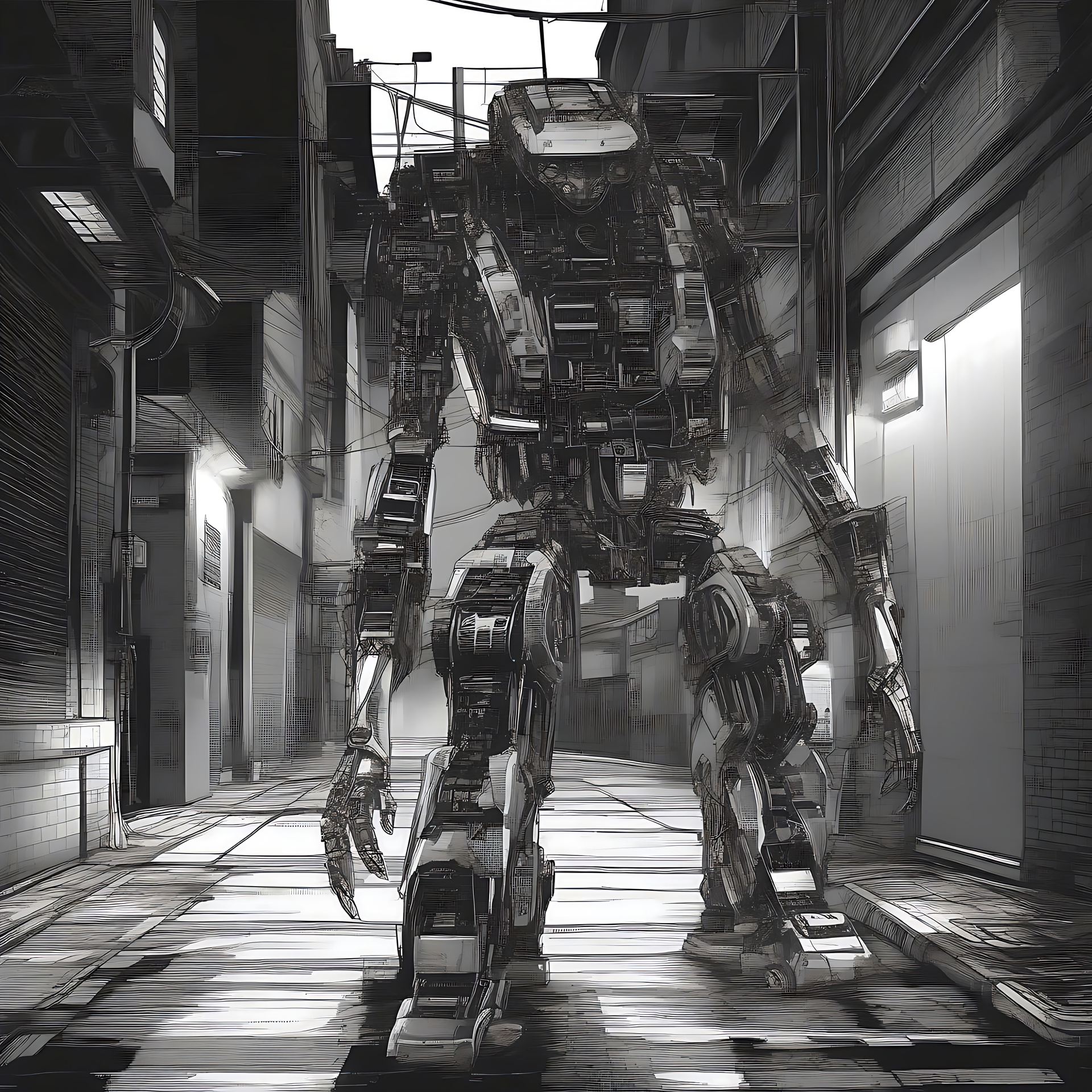 Futuristisk Mecha slentrer gennem en bygyde Anime mecha robot i en gråtonet bygyde med kabler og bygninger.
