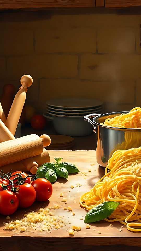 Art de la Pâte de Cuisine Italienne Rustique Une cuisine rustique présentant des spaghettis cuits avec du basilic et des tomates