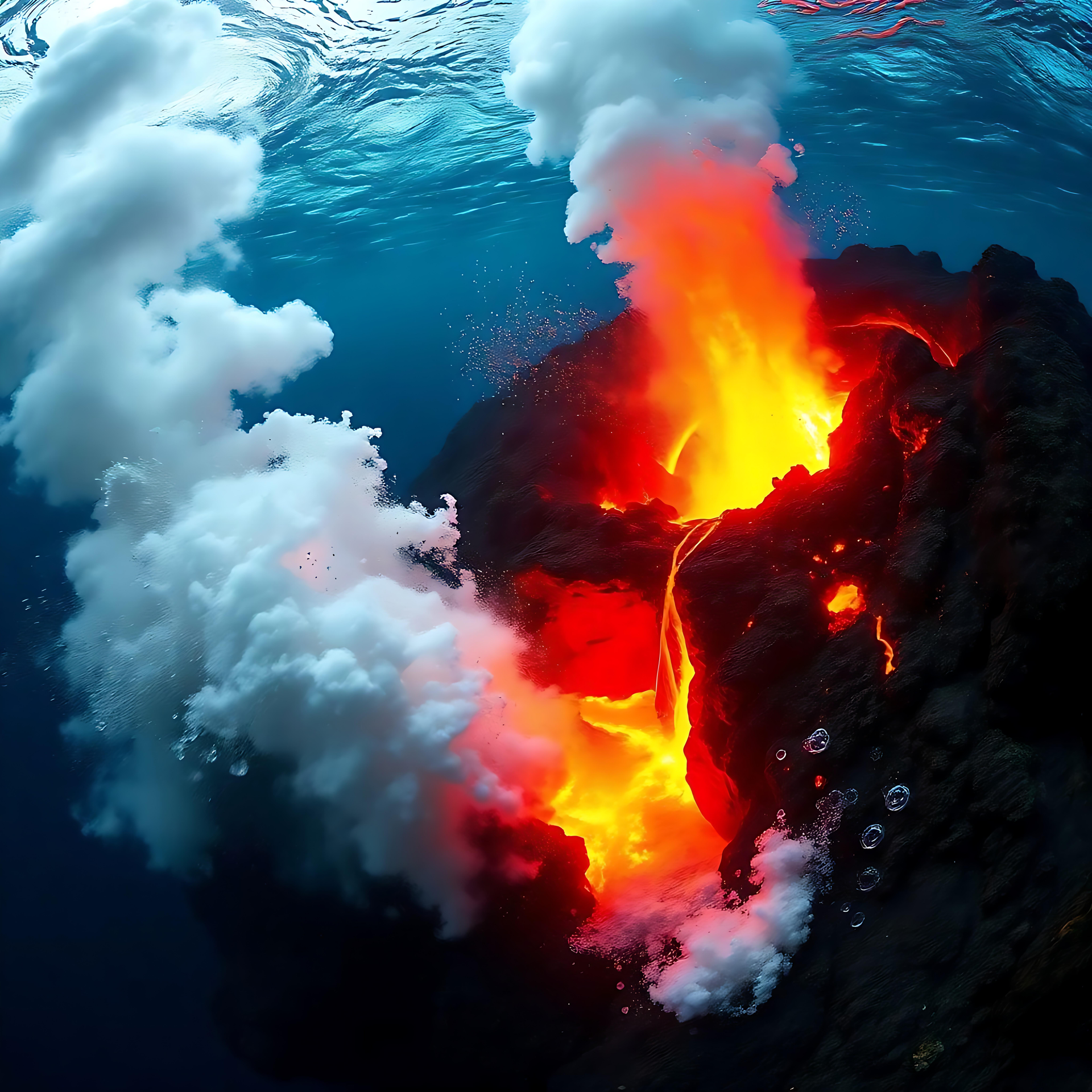 L'Éruption Dramatique du Volcan Sous-marin Ardent Un volcan sous-marin en éruption avec de la lave ardente et des nuages de vapeur, capturé vivement sous l'océan.