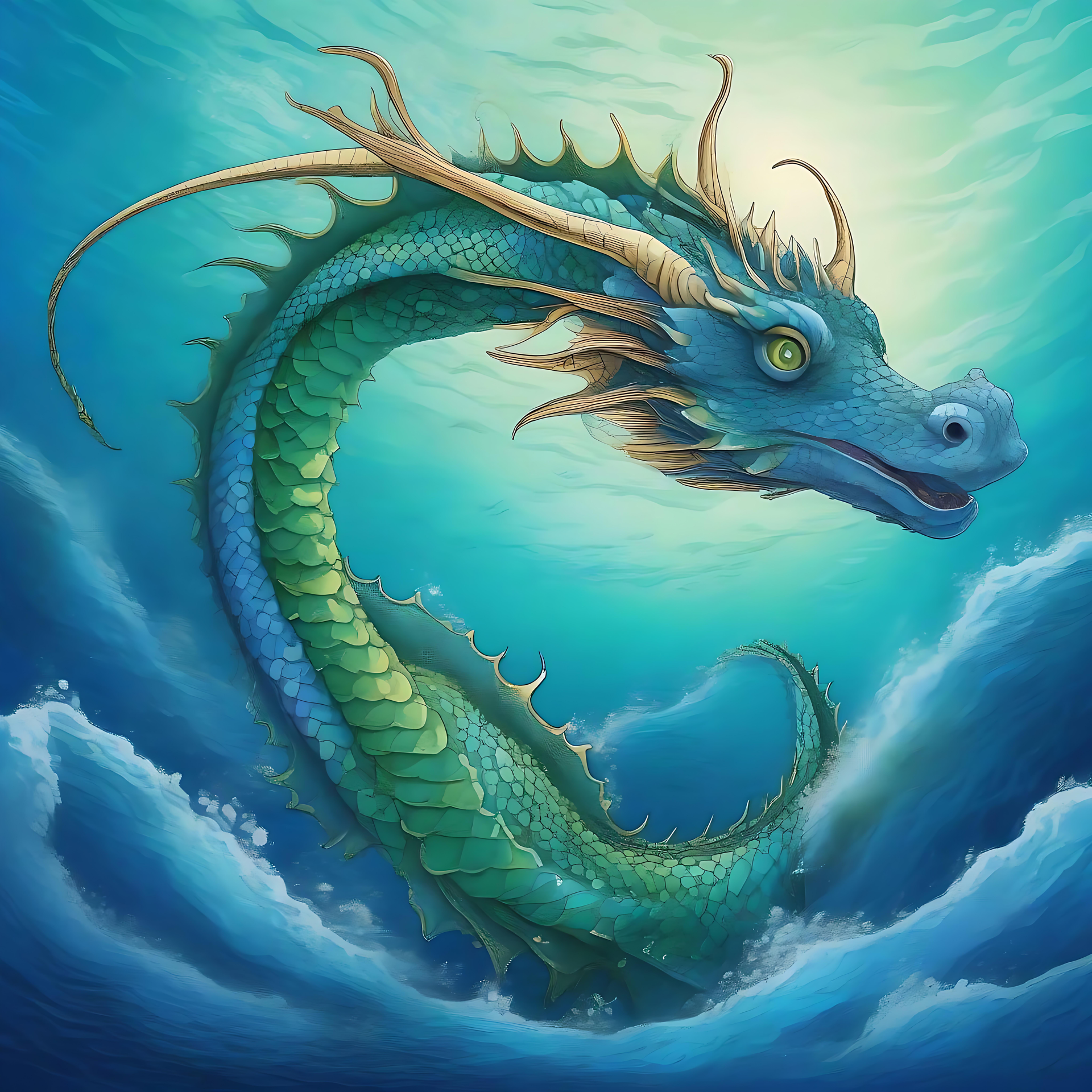 Enchanteur Dragon Marin Bleu dans des Eaux Mystiques Dragon marin bleu anime nageant élégamment dans des eaux mystiques