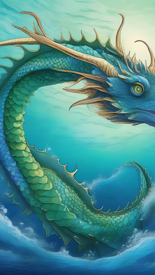 Enchanteur Dragon Marin Bleu dans des Eaux Mystiques Dragon marin bleu anime nageant élégamment dans des eaux mystiques