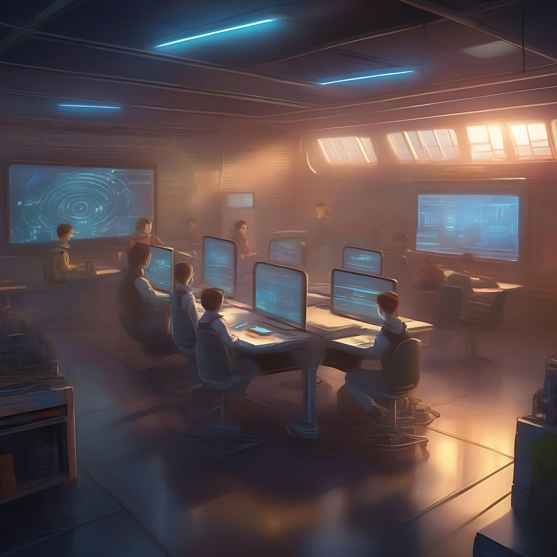 Step Into Learning: A Futuristic Classroom Vision Illustration of a futuristic classroom with glowing computer screens and students.