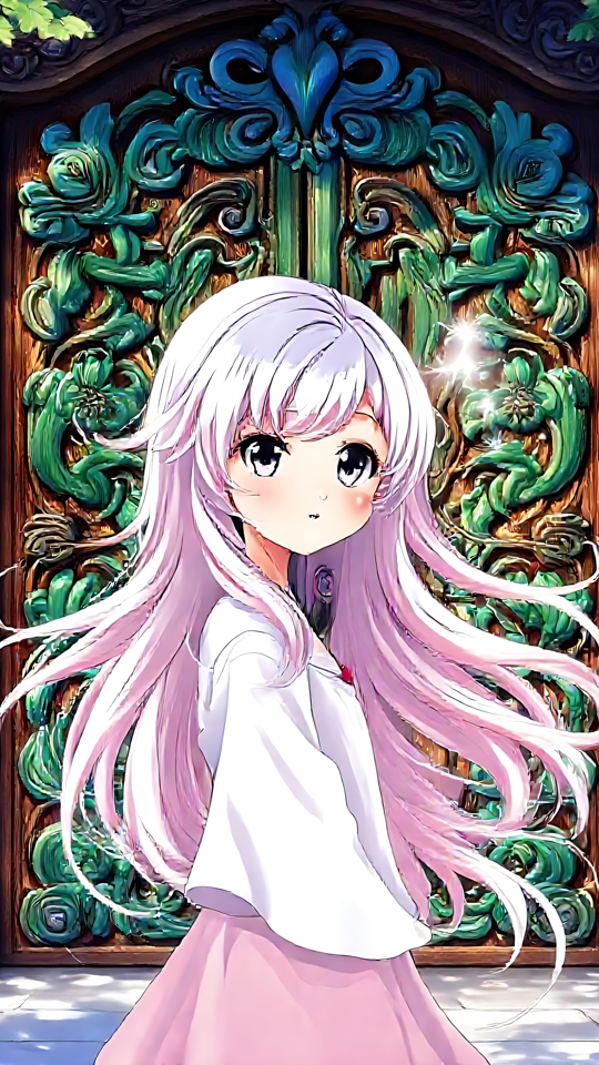 Grace and Elegance: Anime Girl by Ornate Door Anime girl with pink hair standing in front of a detailed ornate door surrounded by greenery.