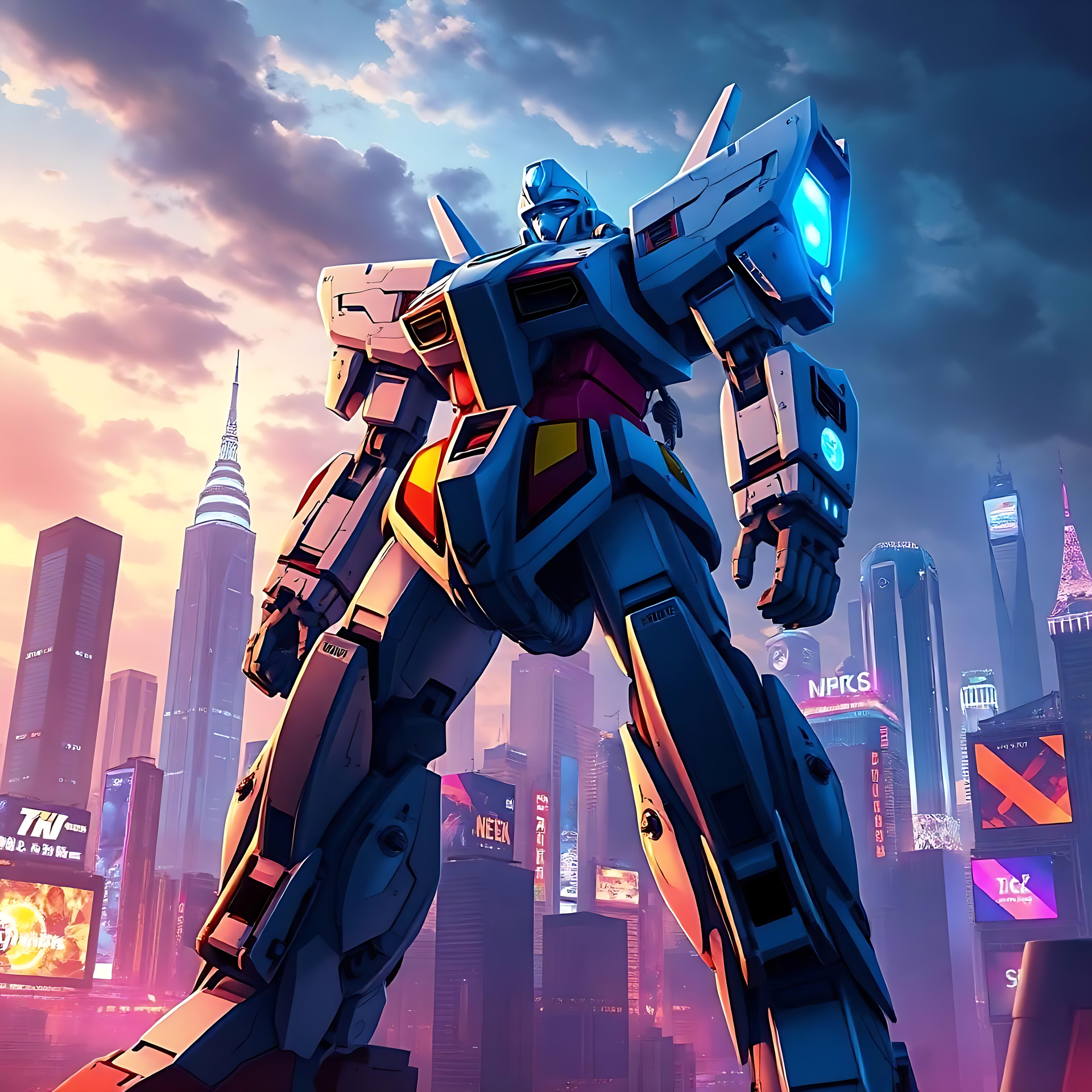 Towering Anime Mecha Against a Neon Cityscape A towering anime mecha standing in front of a glowing futuristic skyline at dusk with vibrant colors.
