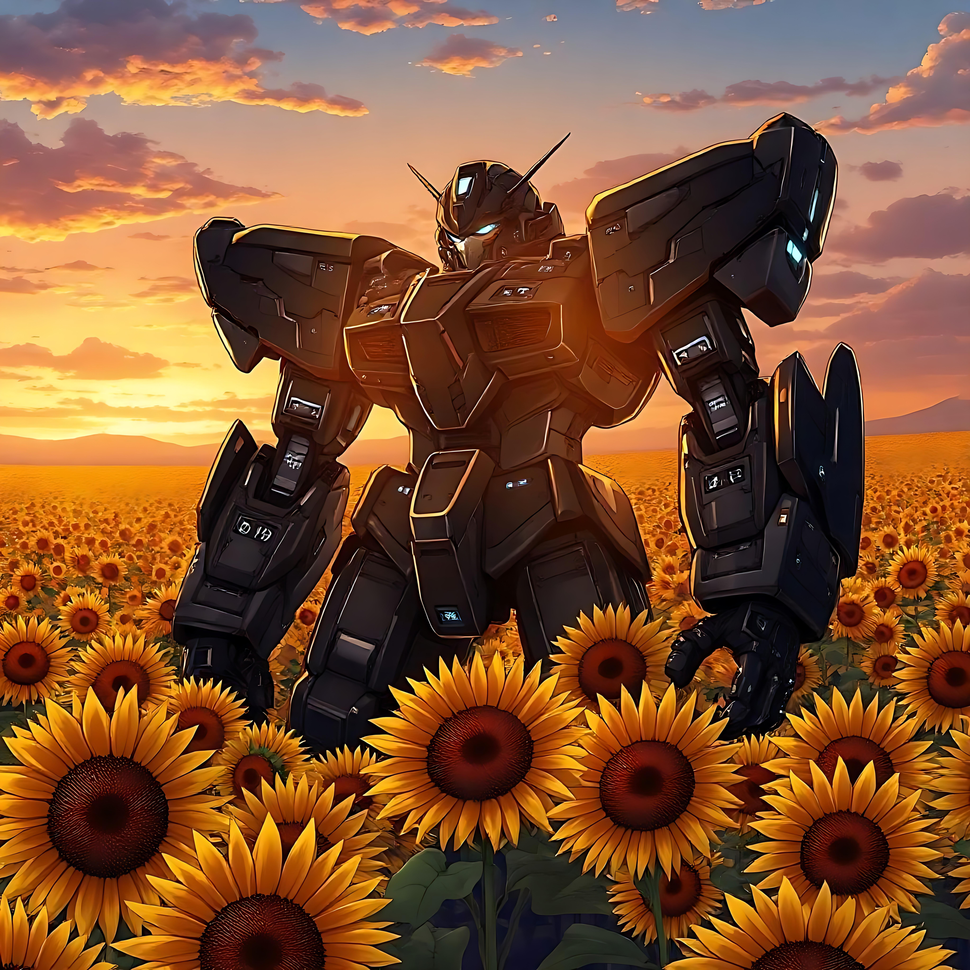 Majestätisk mecha mitt i solskenade solrosor En majestätisk svart mecha-robot som står högt i ett fält med ljusa solrosor under en gyllene solnedgång.
