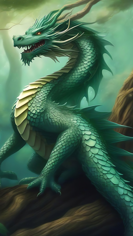 Dragão Verde Místico Vagando por uma Floresta Encantada Dragão anime verde com olhos vermelhos em uma floresta encantada