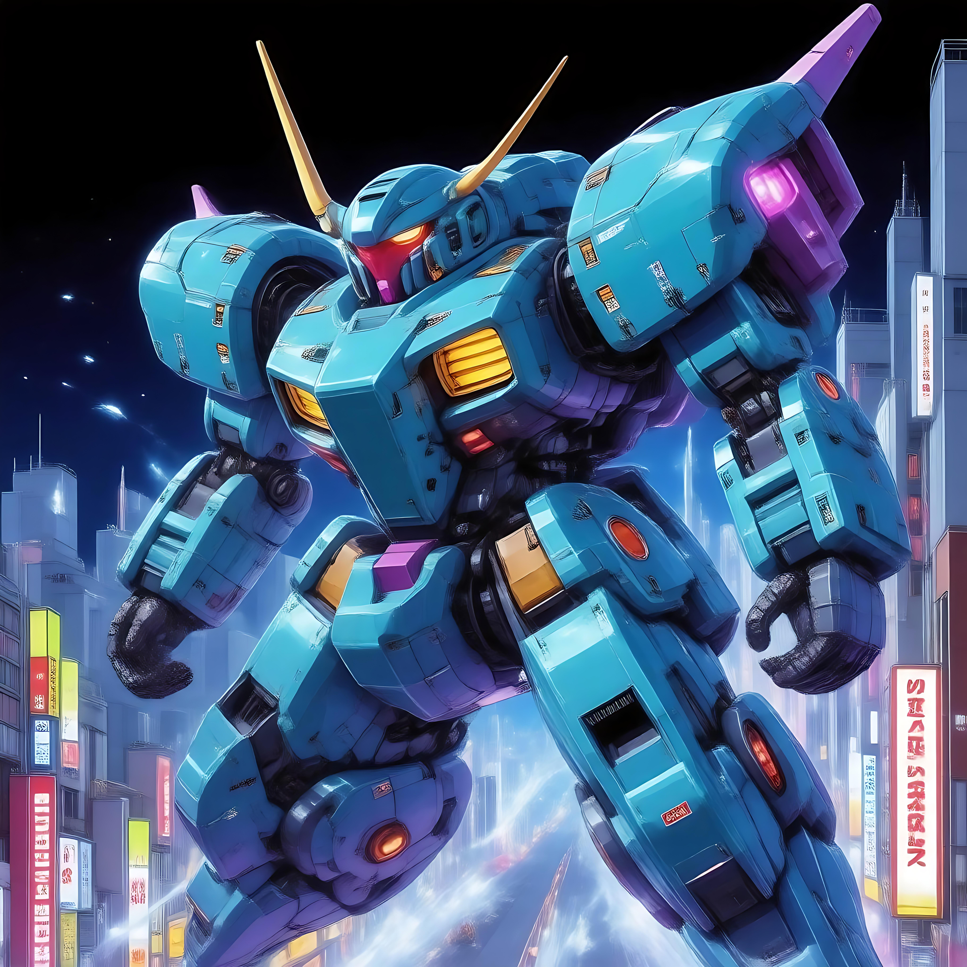 Mecha dominante com vista para uma paisagem urbana Cyberpunk Um poderoso robô mecha azul em pé contra uma paisagem urbana cyberpunk no crepúsculo com luzes de néon.