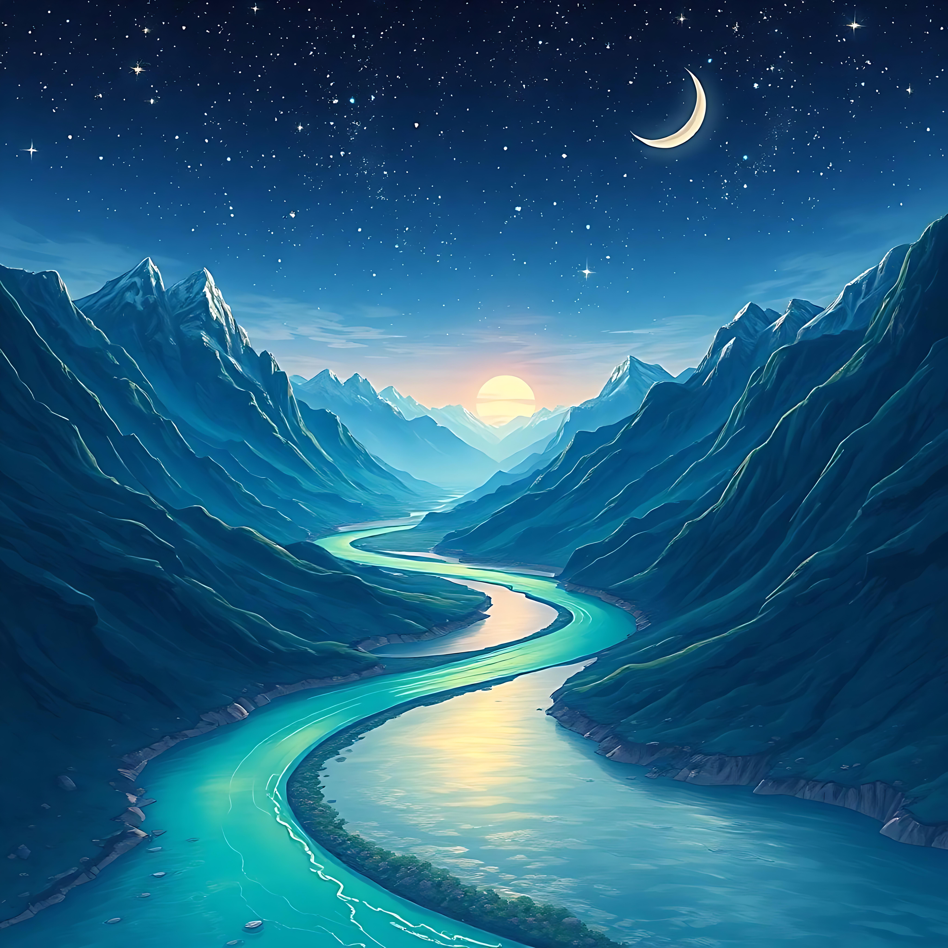 Tranquilidad Iluminada Por La Luna: Un Sereno Paisaje De Río Anime Río resplandeciente serpenteando entre montañas bajo una luna creciente y un cielo nocturno estrellado al estilo anime.