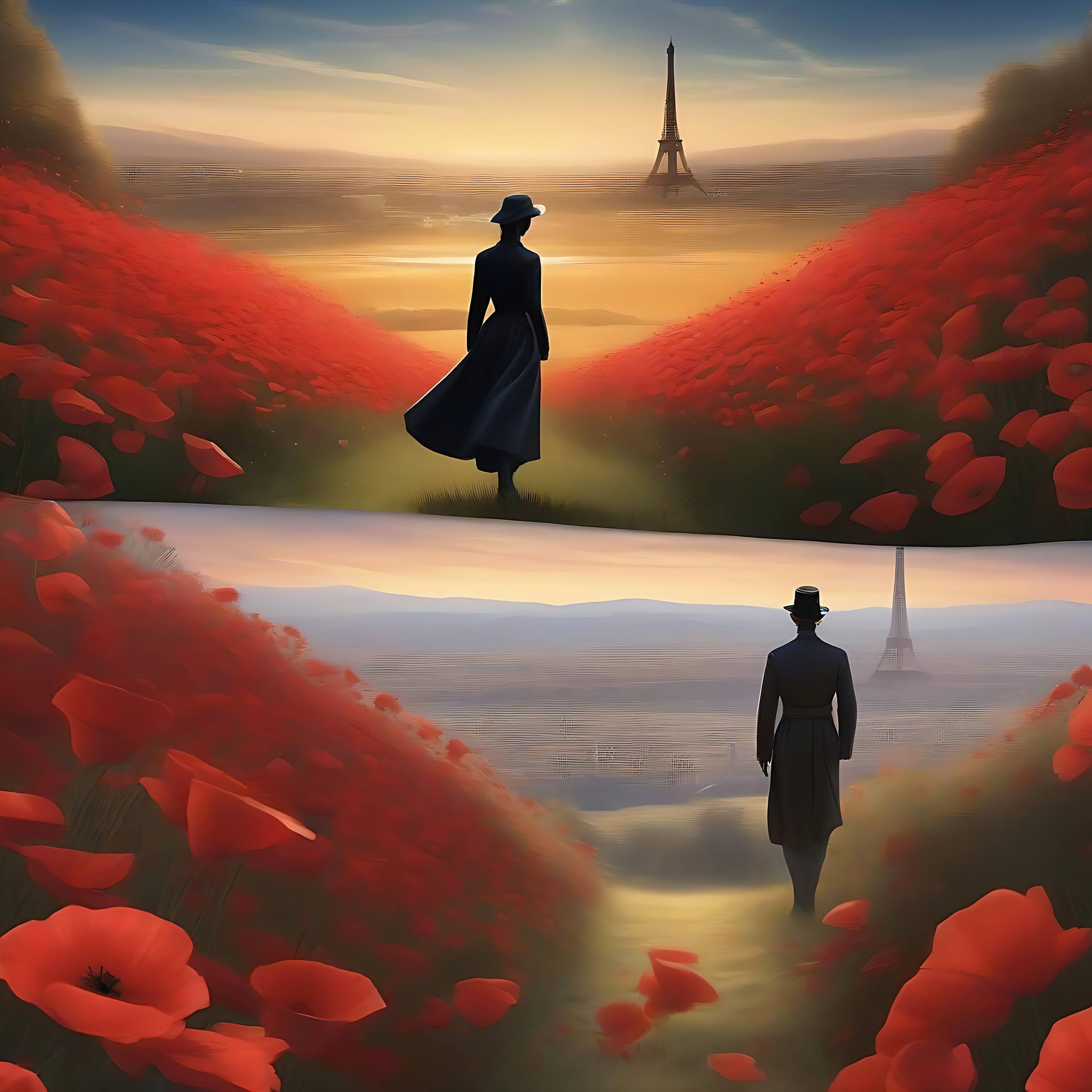 Atemberaubende Silhouetten in Pariser Mohnfeldern bei Sonnenuntergang Silhouetten eines Mannes und einer Frau in einem Pariser Mohnfeld mit dem Eiffelturm bei Sonnenuntergang.
