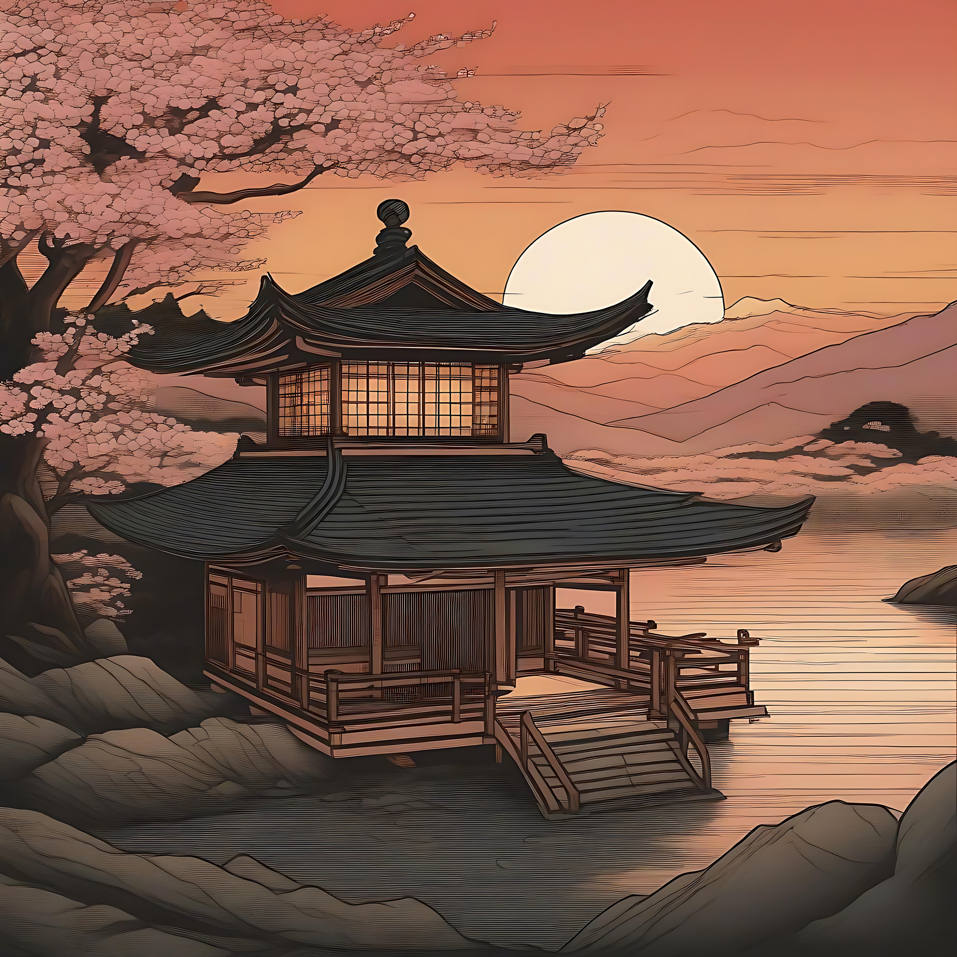 Templo Japonês Sereno sob o Brilho do Pôr do Sol Templo tradicional japonês junto a um lago durante o pôr do sol, rodeado por cerejeiras em flor.
