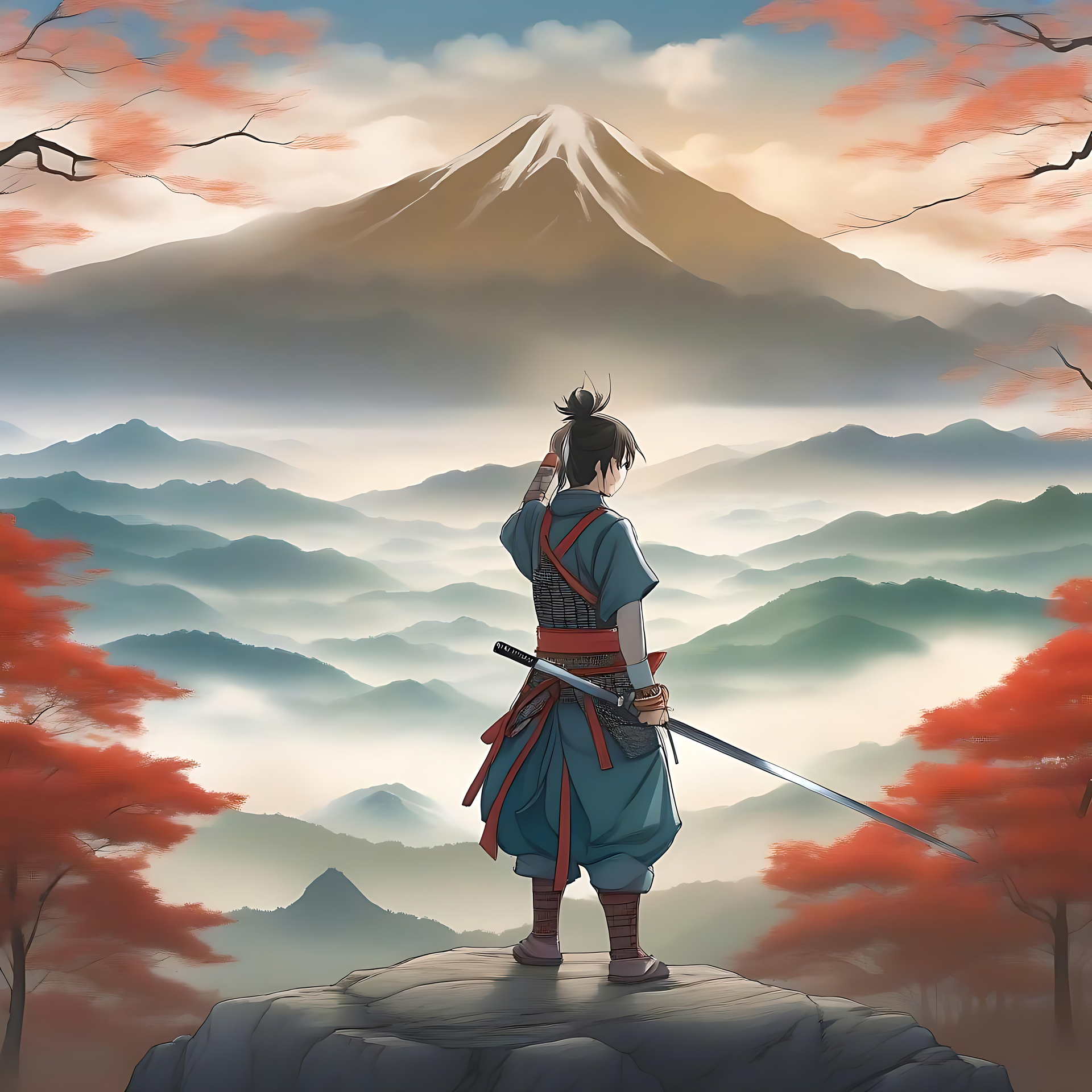 Die Gelassenheit einer Samurai-Reflexion Anime-Tapete mit einem Samurai, der auf einem Hügel mit roten Herbstbäumen, nebligen Bergen im Hintergrund und einem majestätischen Gipfel steht.