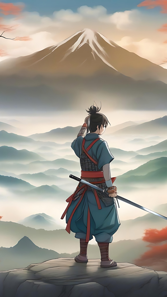 Die Gelassenheit einer Samurai-Reflexion Anime-Tapete mit einem Samurai, der auf einem Hügel mit roten Herbstbäumen, nebligen Bergen im Hintergrund und einem majestätischen Gipfel steht.