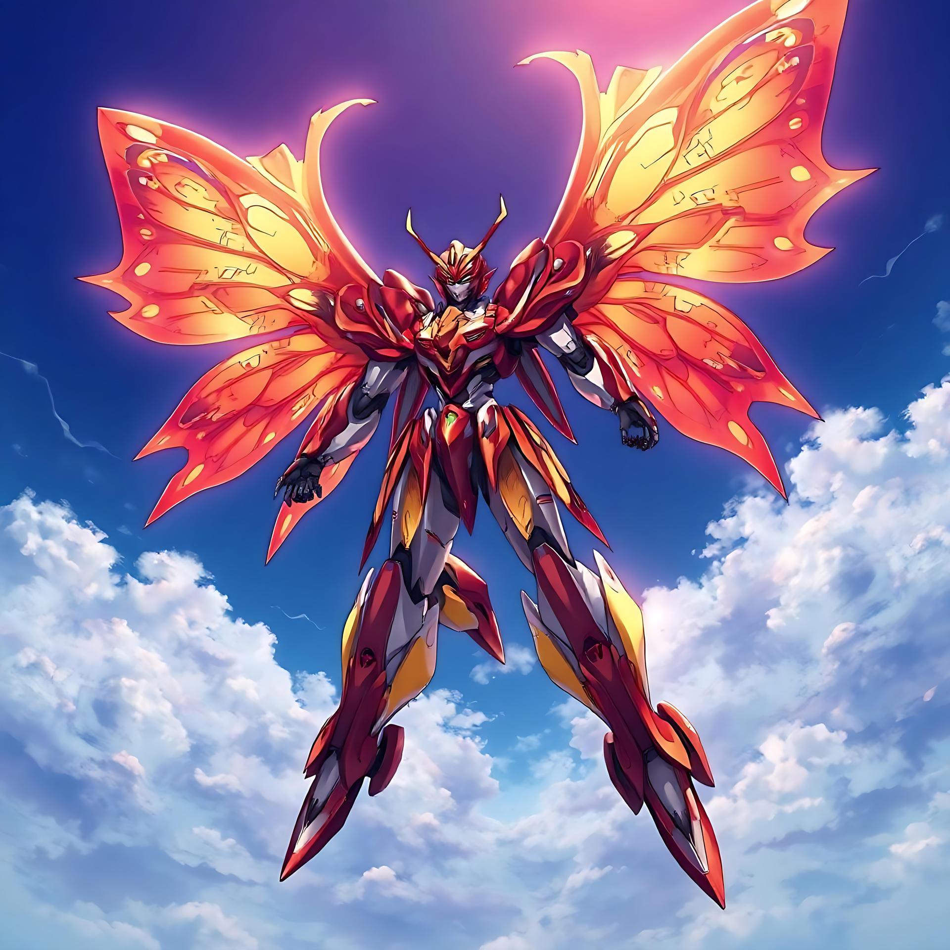Guardián de alas de fuego elevándose hacia los cielos Guerrero mecha estilo anime con alas de mariposa de fuego volando en un cielo soleado.