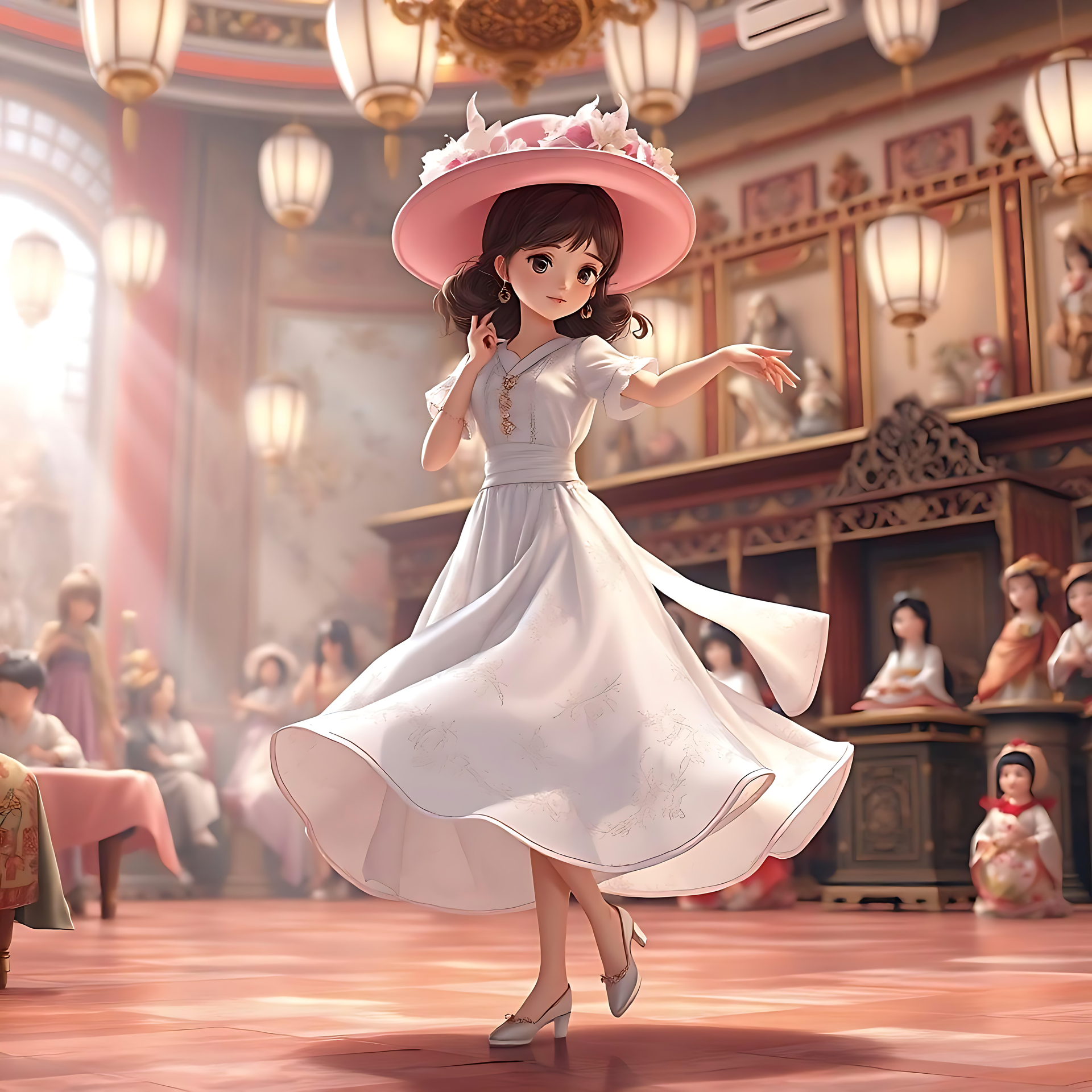 Élégance Anime dans une Salle de Bal Vintage Illustration d'anime d'un personnage élégant dans une robe blanche fluide avec un grand chapeau rose, dansant dans une salle de bal vintage.