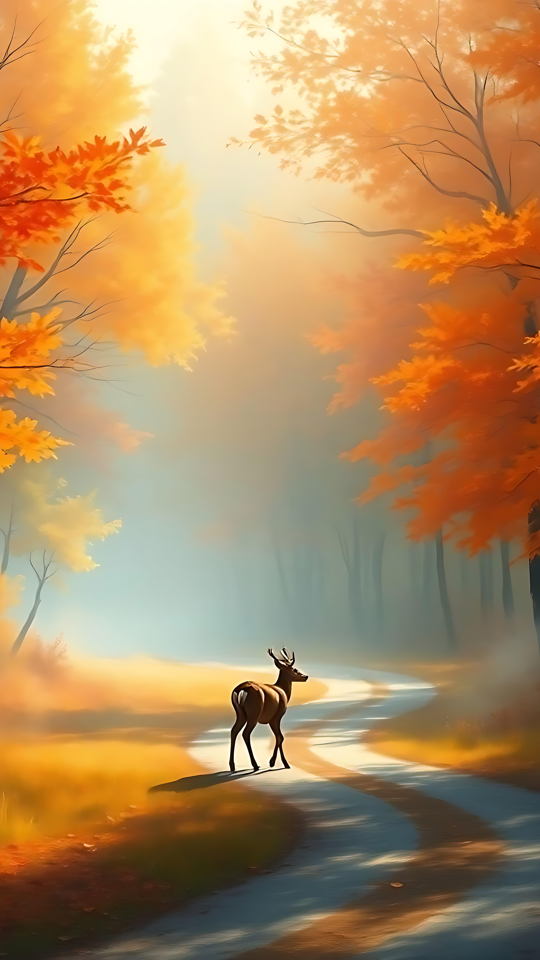 Autumn Tranquility: A Stroll Through Nature's Splendor A serene autumn forest scene with vibrant orange leaves and a deer on a misty path.