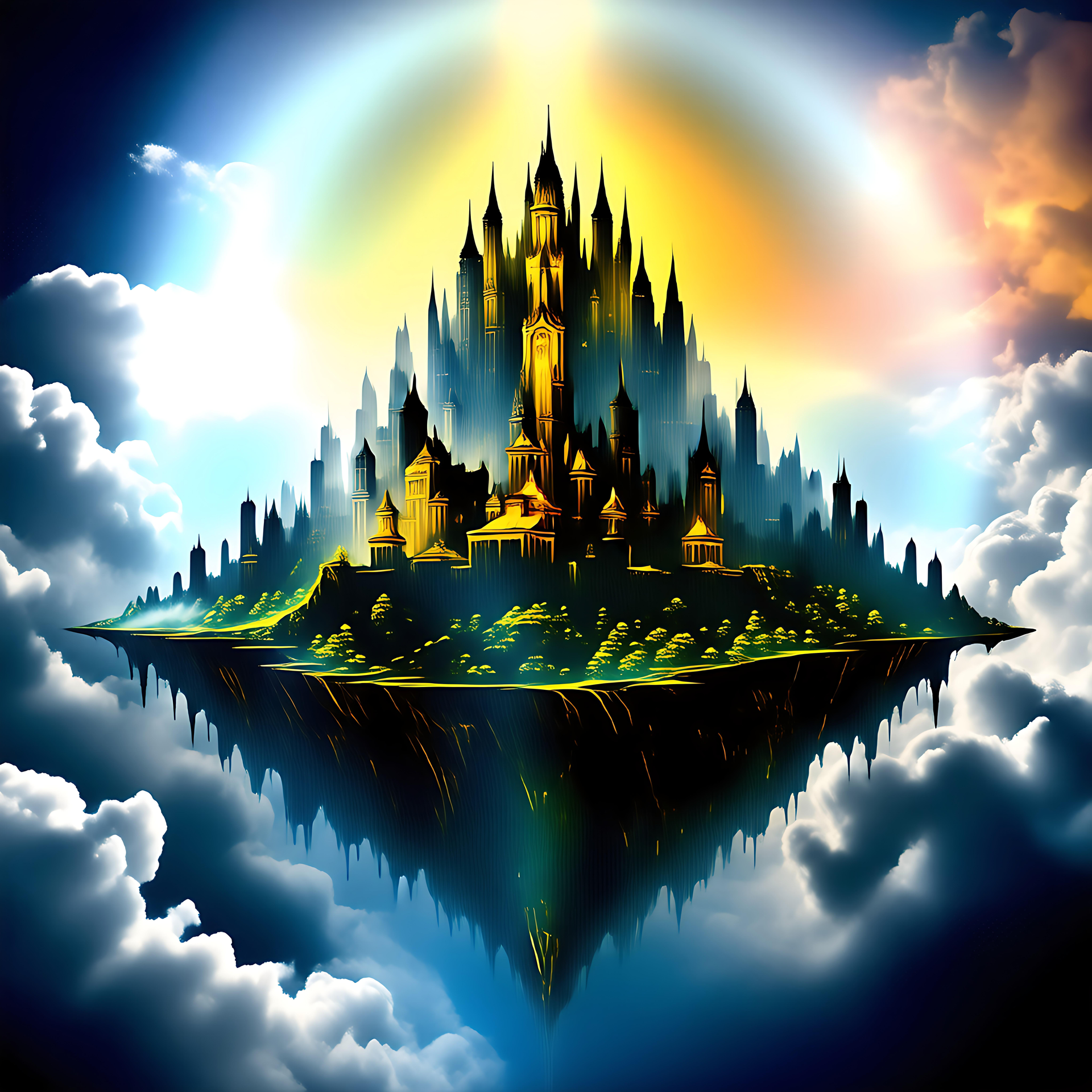 Verzauberte Schwebende 3D-Burg Über den Wolken 3D-Kunstwerk einer schwebenden Fantasieburg über Wolken mit strahlendem Licht.