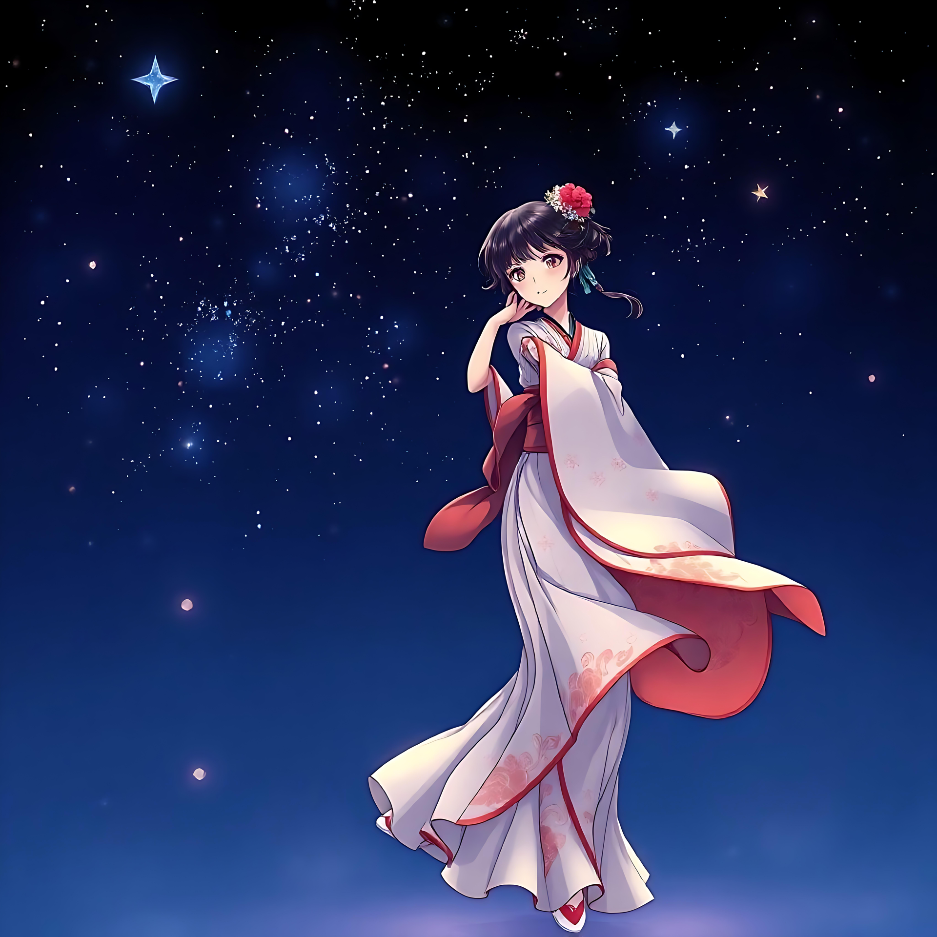 Fanciulla Celeste in Kimono Fluente Fanciulla anime celeste in kimono fluente con sfondo cosmico stellato.
