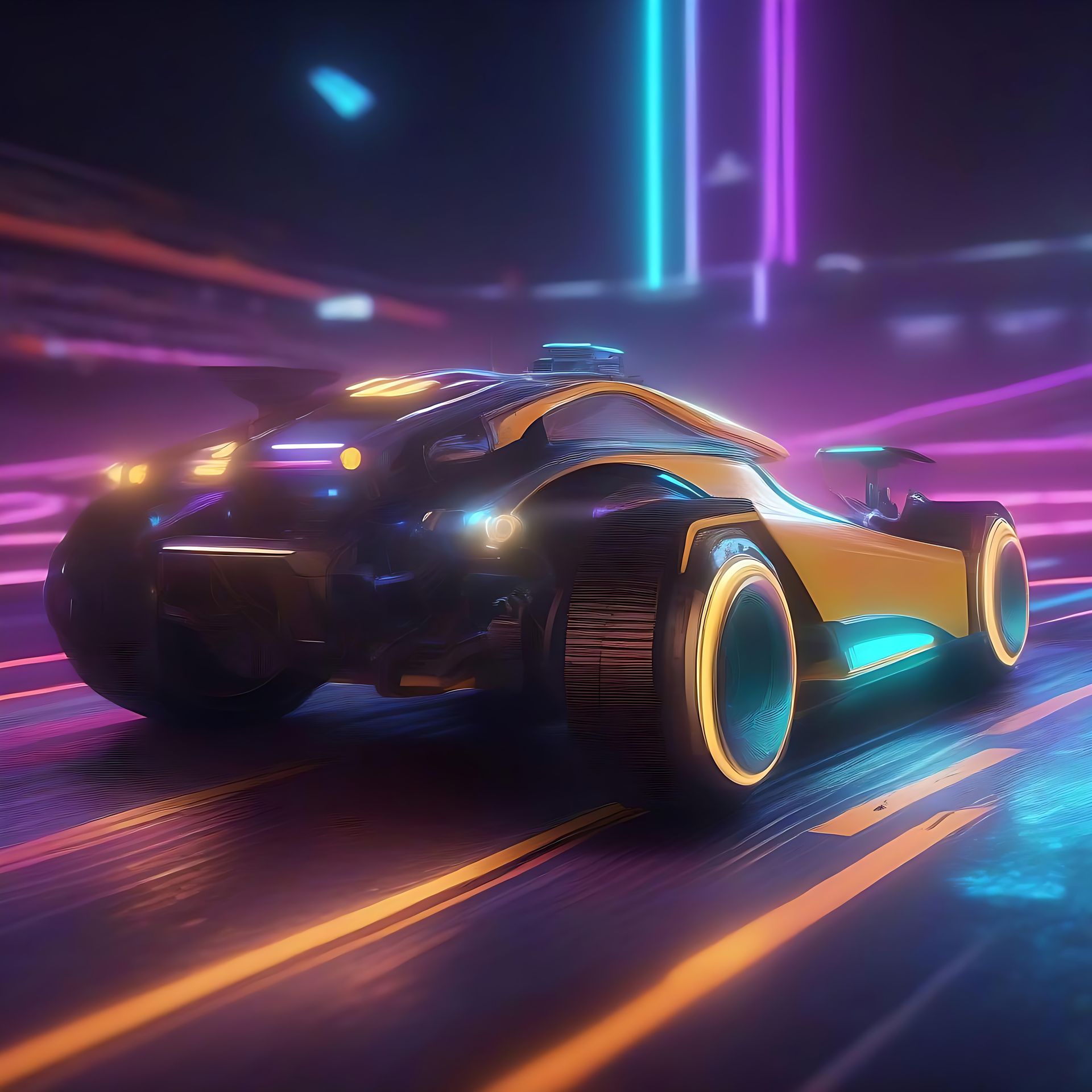 SF愛好家のためのネオン燃料AIレーシングカー SFの道路でネオンライトに照らされた未来派AIレーシングカー