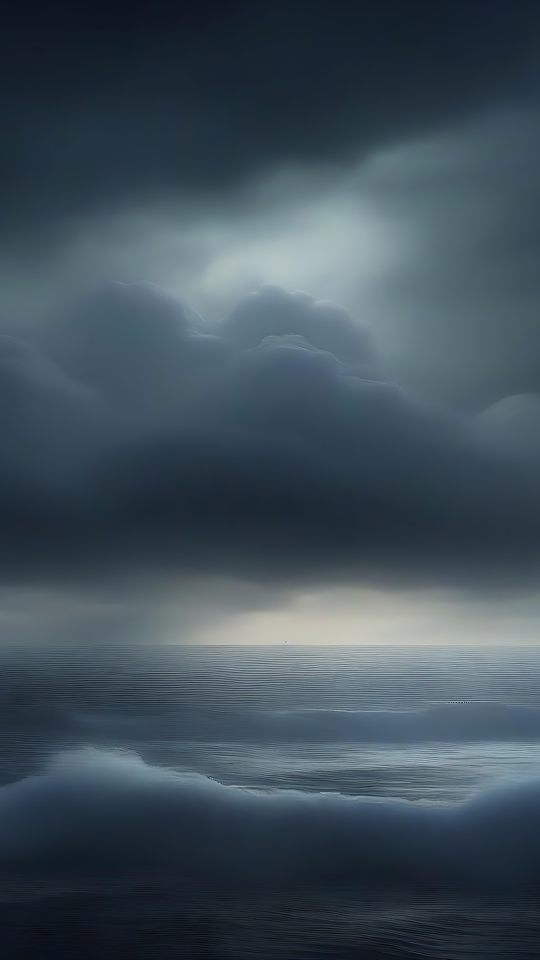 Mística del Océano Tormentoso bajo el Cielo Nublado Una playa oceánica tormentosa bajo un cielo oscuro nublado con luz tenue.