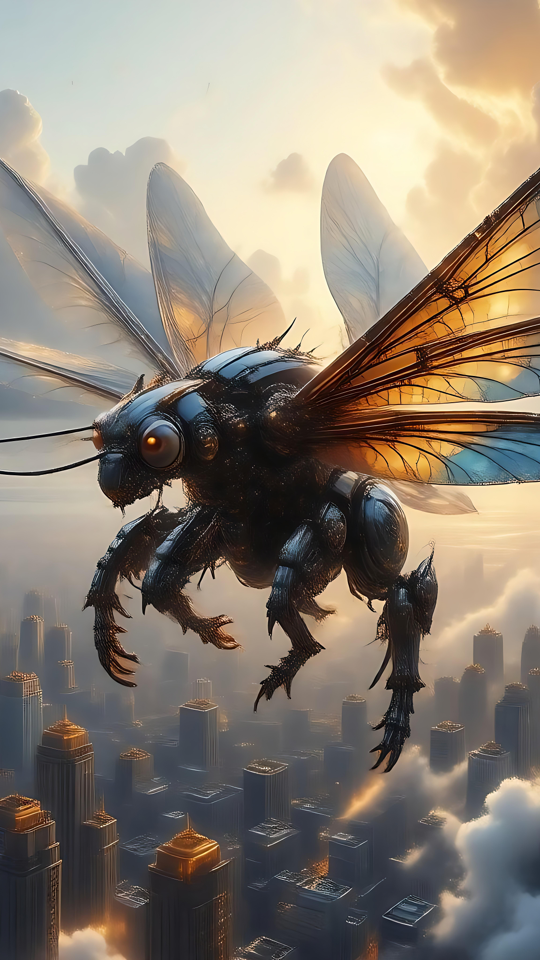 Cyborg-Biene schwebt über einer Neon-Stadtlandschaft Cyborg-Bi schwebt über einer futuristischen Stadtlandschaft, beleuchtet von einem goldenen Sonnenuntergang