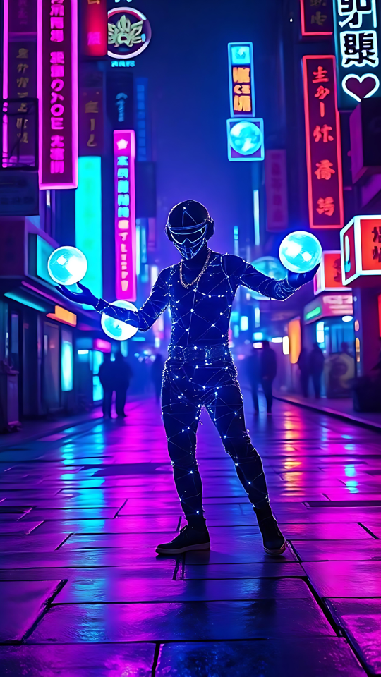 Beleuchtete Straßen einer Neon-Cyberpunk-Zukunft Eine futuristische Cyberpunk-Stadtlandschaft mit Neonlichtern und leuchtenden Reflexionen auf den Straßen, mit einer Figur, die leuchtende Kugeln hält.