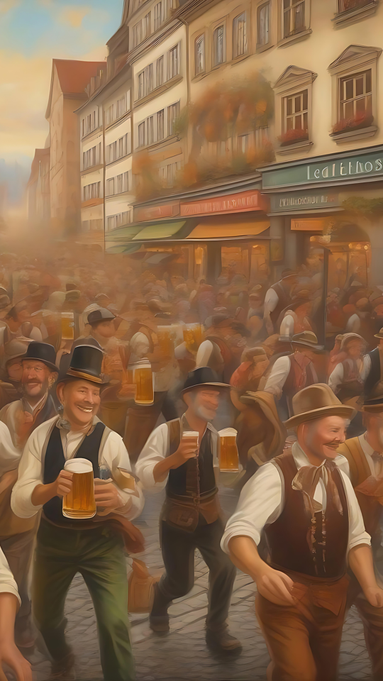 Festival de rue de l'Oktoberfest : Un chef-d'œuvre culturel Représentation artistique de la fête de rue de l'Oktoberfest avec des personnes en tenue traditionnelle bavaroise, des chopes de bière et un décor de festival animé.