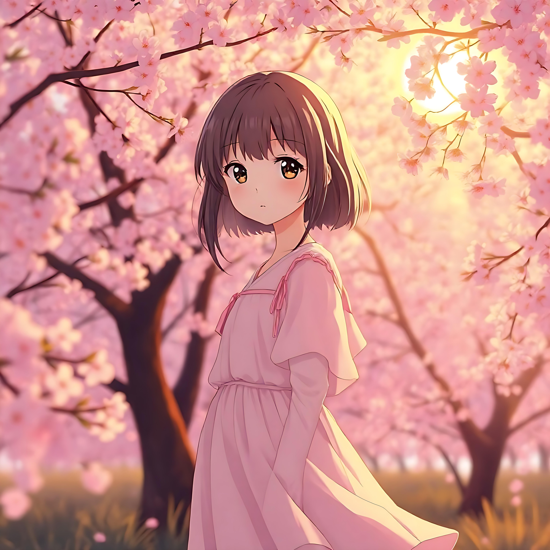 Mielikuvituksellinen Kirsikankukka Anime-maisema Anime-kohtaus, jossa kirsikankukkia ja pehmeästi hohtava valo symboloivat kevätseesteisyyttä.
