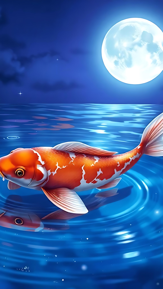 Graciosos Koi Refletindo Sob o Luar Um vibrante peixe koi estilo anime deslizando em águas paradas sob uma lua cheia brilhante