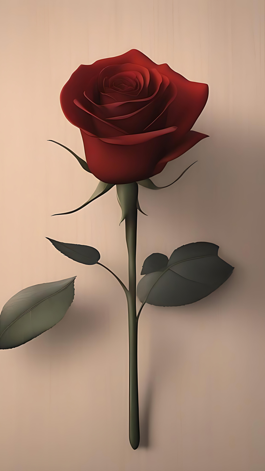 Papel de Parede Minimalista de Rosa Vermelha Uma única rosa vermelha com pétalas detalhadas, estilo minimalista, textura de madeira no fundo.