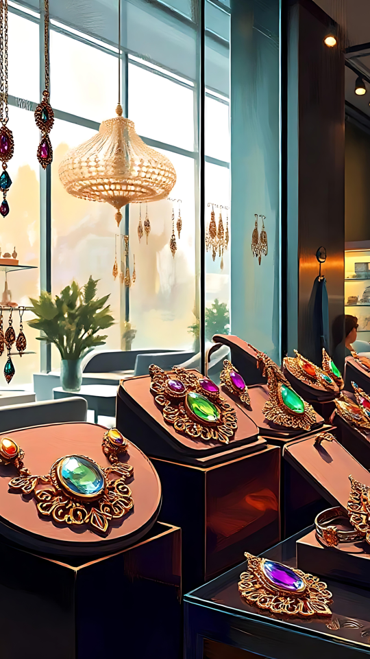 Elegancia Redefinida: Impresionante Fondo de Pantalla de Exhibición de Joyería Exhibición elegante de joyería de lujo en un entorno de boutique con rica iluminación.