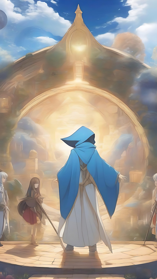 Portail Éthéré vers un Autre Monde : Fond d'écran Anime Œuvre d'art anime éthérée d'aventuriers se tenant devant un portail lumineux.