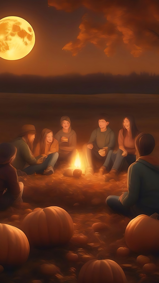 Vibes de feu de camp de la lune de récolte Des amis assis autour d'un feu de camp entourés de citrouilles sous une lune dorée de récolte.