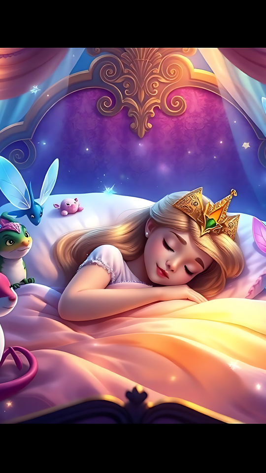 Magical Enchanted Disney Dreamland A Disney-inspired magical scene with a princess surrounded by fairies and whimsical animals on a glowing bed.