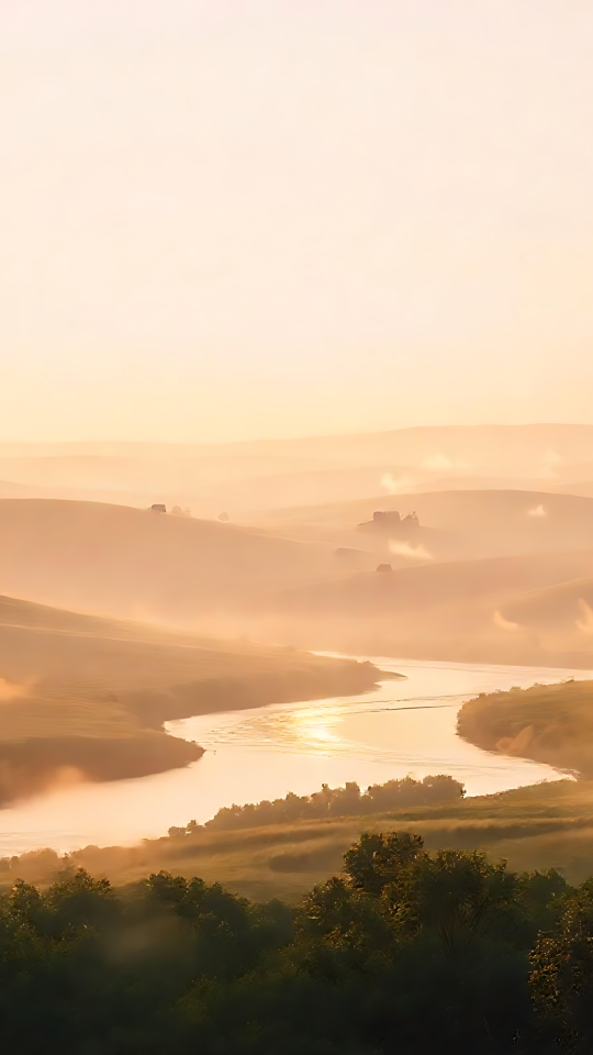 El Fondo de Pantalla Minimalista Perfecto al Amanecer Amanecer minimalista sobre colinas ondulantes con un río serpenteando por el paisaje