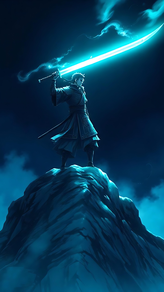 O lendário guerreiro do anime com uma espada brilhante Anime guerreiro em uma montanha segurando uma espada brilhante contra o céu noturno.