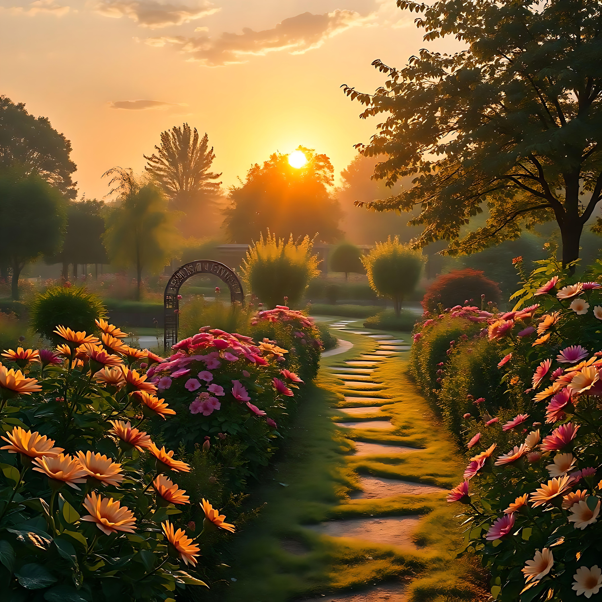 Embarquez dans un voyage serein avec ce papier peint Sunrise Garden Path Un chemin de jardin serein éclairé par le lever du soleil avec des fleurs et des arbres vibrants.