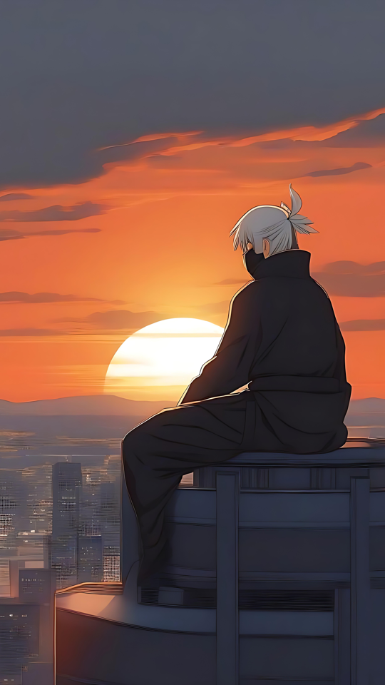 Ensomhed over byen: Anime-solnedgangsrefleksion Silhuet af en anime-figur, der overser en glødende solnedgang bag en bysilhuet med høje bygninger.