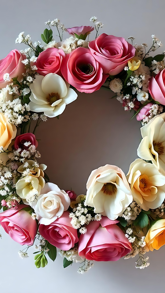Uma Coroa Floral Atemporal de Serenidade Uma coroa floral lindamente arranjada com rosas pastel, lírios e gipsófila.